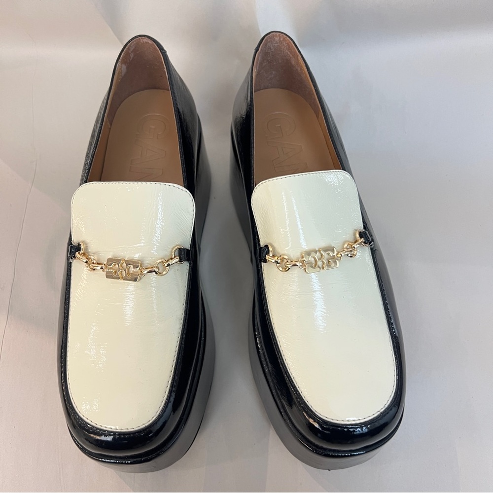 GANNI Patent Two-Tone Platform Loafers in Black & White